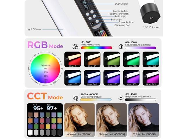 Genaray RGB 2' Tube Light LED Full Color Portable Video Light w/ App Control, 2800 to 8000K CTC HSI Modes, 10 Lighting & 7 Pixel Effects, CRI 96,...