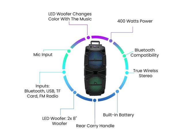 Technical Pro 400 Watt Each Rechargeable Bluetooth Speaker - Dual 8 Colorful LED Woofers TWS USB Mode SD Card FM Radio - image 4