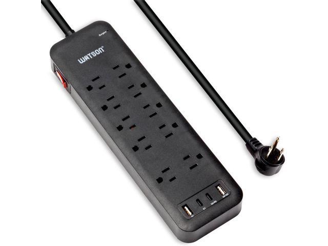 10-Outlet Surge Protector with 2 USB-C & 2 USB-A Ports, 2450 Joules, 6' Cord, NEMA 5-15P Right-Angle Plug, Rear Wall Mounts, LED Indicator ...