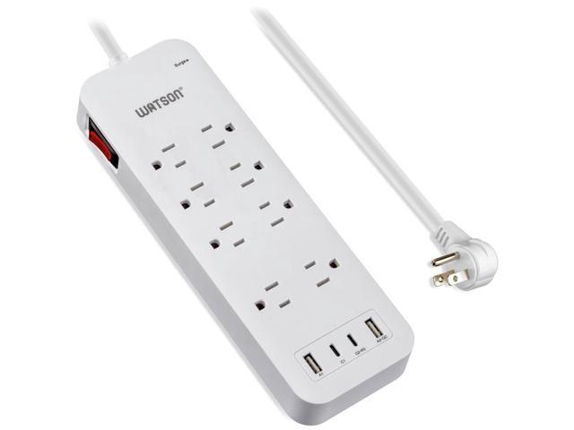 8-Outlet Surge Protector with 2 USB-C & 2 USB-A Ports, 2450 Joules, 6' Right-Angle Cord, Sleek White Design, Rear Wall Mounts & LED Surge Indicator...