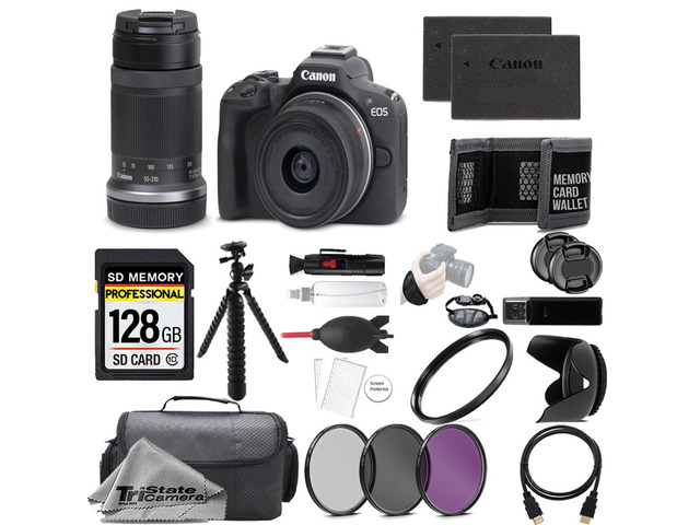 Canon EOS R50 Mirrorless Camera w/ 18-45mm IS STM & 55-210mm IS STM Lenses (Black) + 128GB + Extra Battery+ 3 PC Filter- Accessory Kit