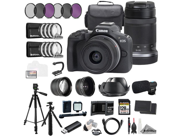 Canon EOS R50 + 18-45mm & 55-210mm Lenses (Black) + Mic +128GB + 9 PC Filtr-MEGA Kit