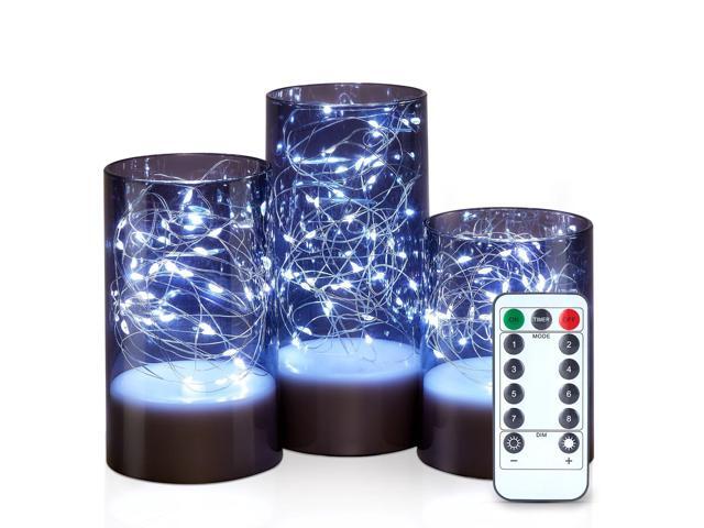 IMAGE 3PCS Acrylic Shell Pillar LED Candles Featuring 13-Key Remote Timer, Battery Operated for Home, Wedding and Party Decor, Grey