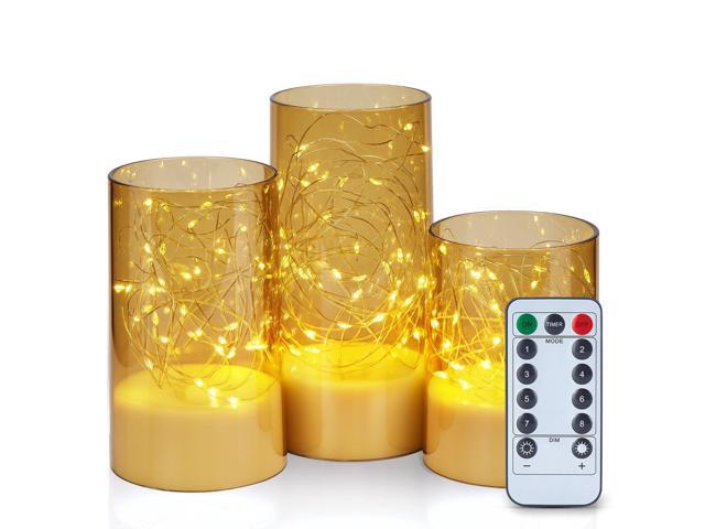 IMAGE 3PCS Acrylic Shell Pillar LED Candles Featuring 13-Key Remote Timer, Battery Operated for Home, Wedding and Party Decor, Gold