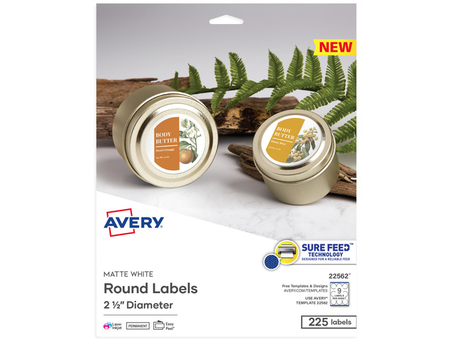 Avery Printable Round Labels, 2.5' Diameter, Matte White, 225 Customizable Labels (22562)