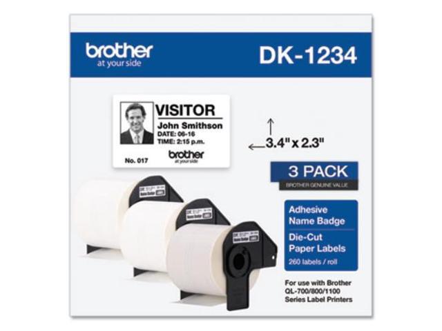 Brother DK-1234 Adhesive Name Badge Paper Labels 3-4/10' x 2-3/10' Black on White 260 Labels/Roll 3 Rolls/Box (DK-12343PK)