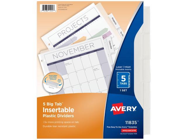 Avery Insertable Big 5-Tab Plastic Dividers, 11 x 8.5, Clear, 1 Set (AVE11835)