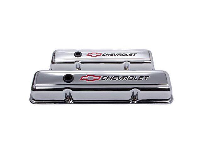 Valve Cover, Short, Baffled, Breather Hole, Chevrolet Bowtie Logo, Steel, Chrome, Small Block Chevy, Pair
