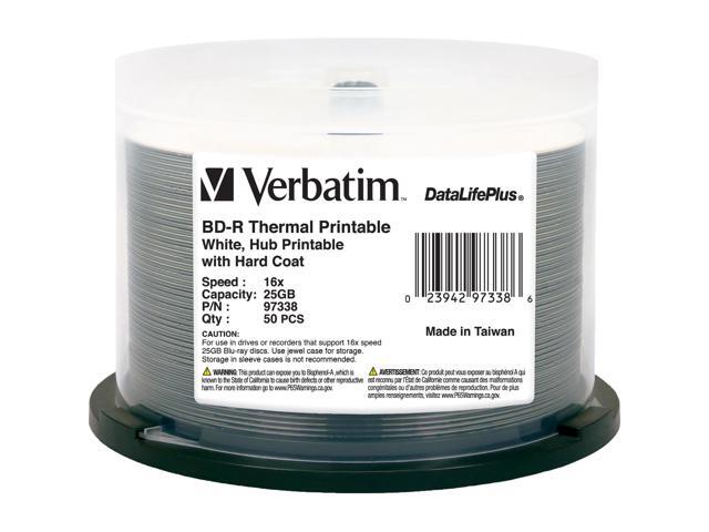 Verbatim BD-R 25GB 6X DataLifePlus White Thermal Printable, Hub Printable - 50pk Spindle (97338)