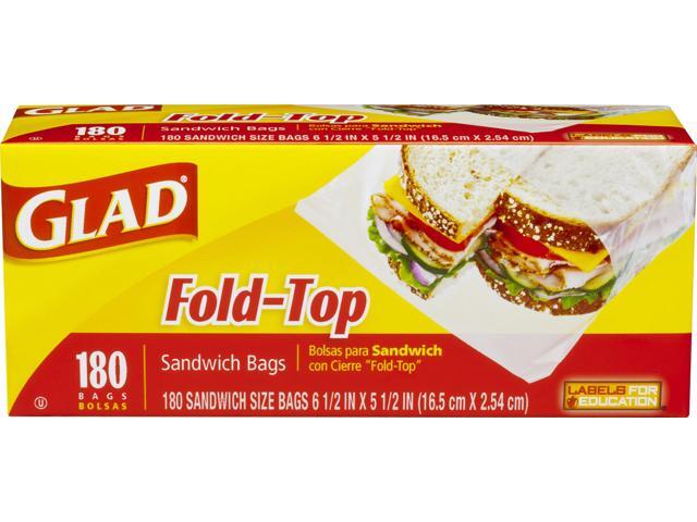 Glad 60771 Fold-Top Sandwich Bags, 6 1/2 x 5 1/2, Clear, 180/Box, 12 Boxes/Carton, 1 Carton