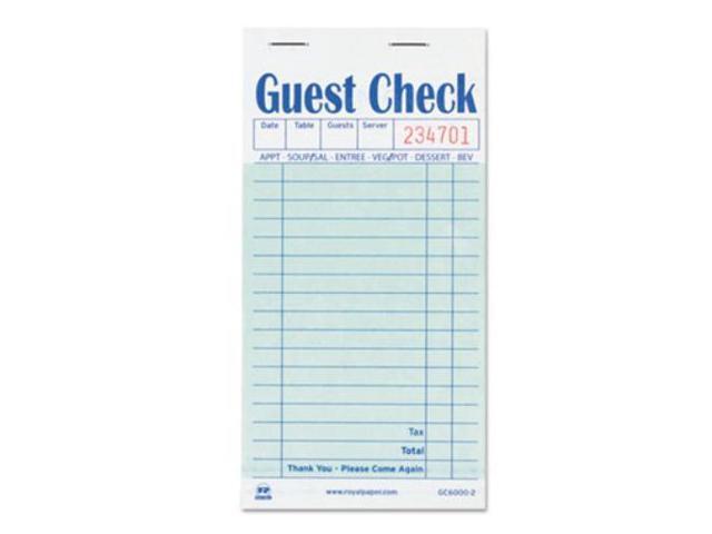 Royal Guest Check Book Carbon Duplicate 3 1/2 x 6 7/10 50/Book 50 Books/Carton GC60002