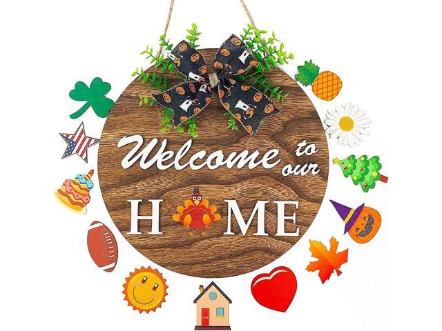 Festival Hanging Board Welcome Door Sign Fall Thanksgiving Round Wreath Wood