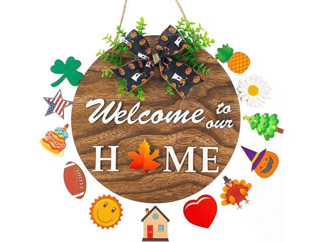 Festival Hanging Board Welcome Door Sign Fall Thanksgiving Round Wreath Wood