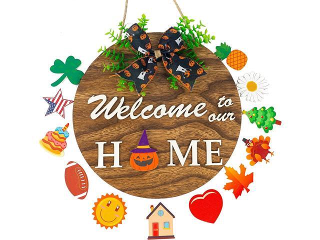 Festival Hanging Board Welcome Door Sign Fall Thanksgiving Round Wreath Wood