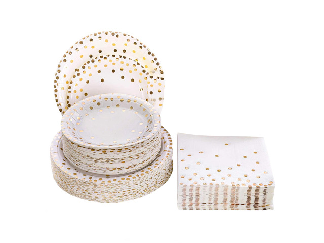 Gold Dot Dinnerware Set Paper Plates Holiday Parties 7 & 9 inch, Napkins 50 Pack