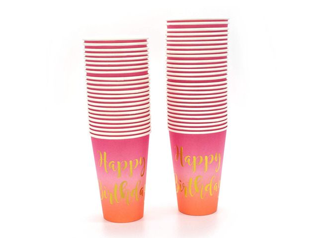 50 Pcs 12oz Happy Birthday Party Disposable Paper Purple/Pink to Coral Gold Cups