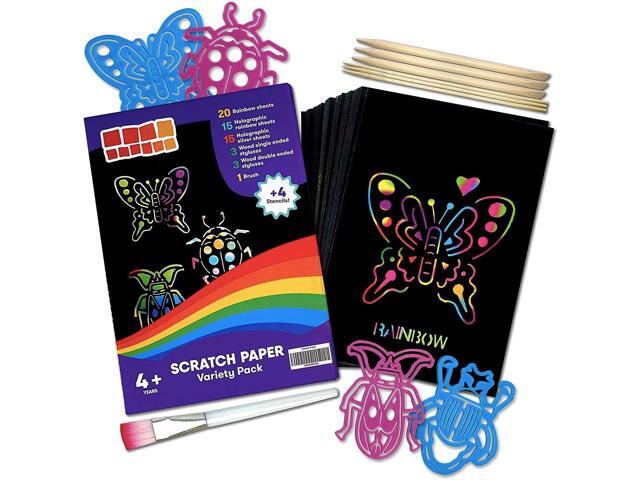 50 PCS Black Scratch Paper Set Art Craft Rainbow for Kids with 4 Unique Stencils