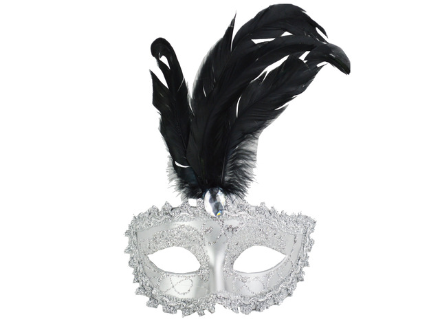 Carnival Mardis Gras Colorful Costume Mask With Jewel and Colorful Feathers, Black