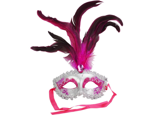 Carnival Mardis Gras Colorful Costume Mask With Jewel and Colorful Feathers, Fuschia