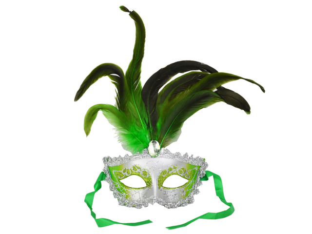 Carnival Mardis Gras Colorful Costume Mask With Jewel and Colorful Feathers, Green