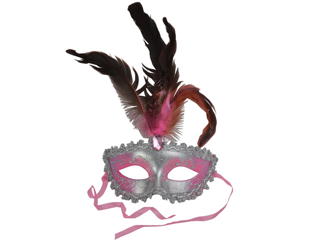 Carnival Mardis Gras Colorful Costume Mask With Jewel and Colorful Feathers, Pink