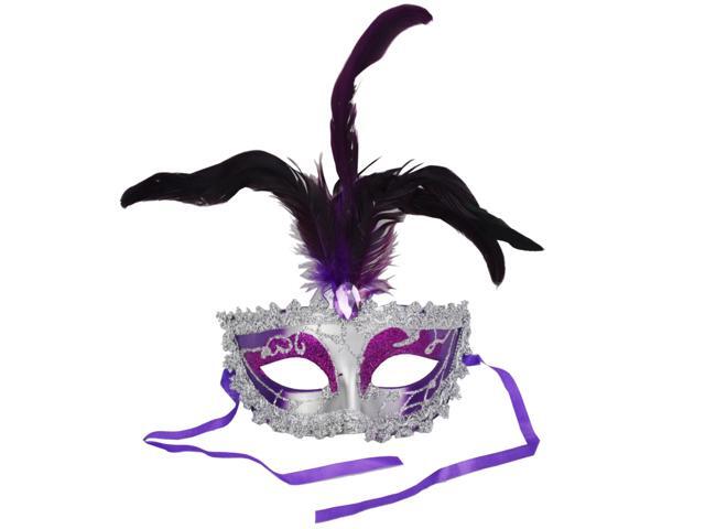 Carnival Mardis Gras Colorful Costume Mask With Jewel and Colorful Feathers, Purple