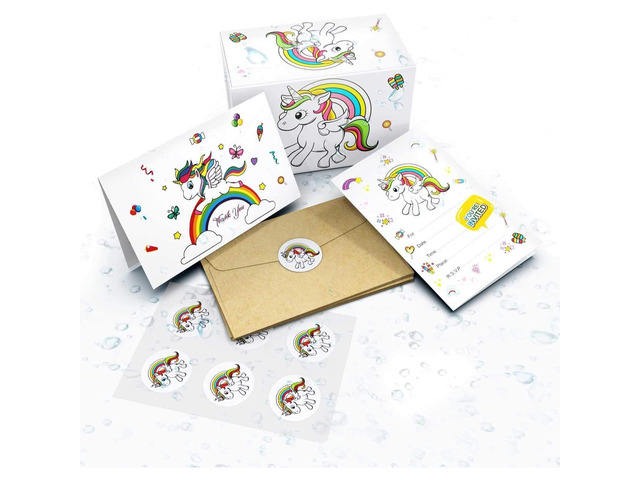 Unicorns 24 Invite Cards, 24 Thank You Cards, Bonus 24 Tattoos, and 48 Envelopes