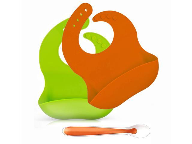 2 Pack Silicone Waterproof Adjustable Baby Boy Girl Bibs with Feeding Spoon