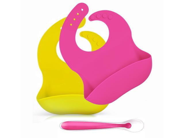 2 Pack Silicone Waterproof Adjustable Baby Boy Girl Bibs with Feeding Spoon