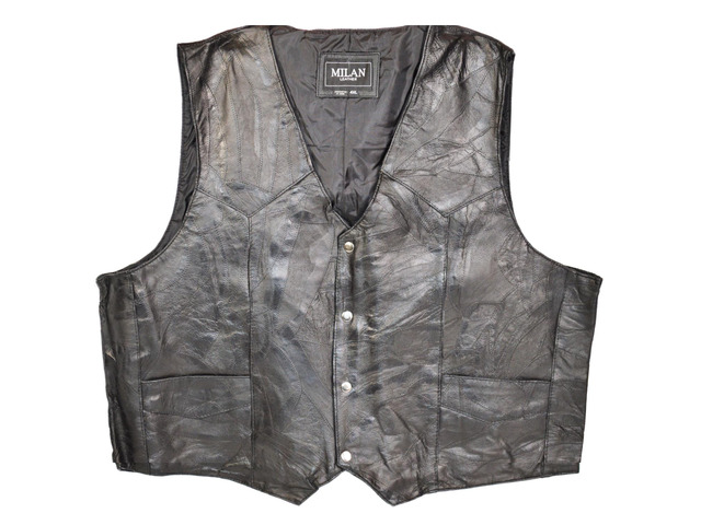 Men's Leather Vest Button Up Biker Motorcycle Jacket Sleeveless Leather Top, PW802, Black, 2XL