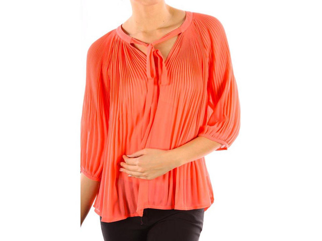 Chiffon Pleated Summer Time Womens Fashion Blouse 3/4 Sleeve Shirt Coral Small