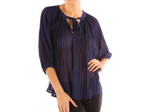 Chiffon Pleated Summer Time Womens Fashion Blouse 3/4 Sleeve Shirt Navy Small