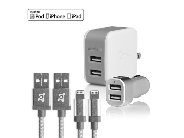 Ubio Labs USB Wall and Car Charger w/ Certified Lightning USB Cables Kit