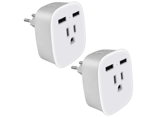 2 Pack European Universal Dual USB Type-C, 2-US Outlet to EU Plug Adapter