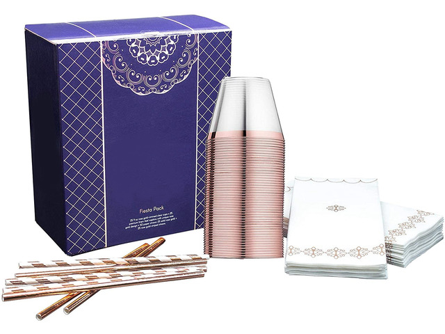 100 PCS Rose Gold Disposable Dinnerware Party Set 25 Cups 25 Napkins 50 Straws