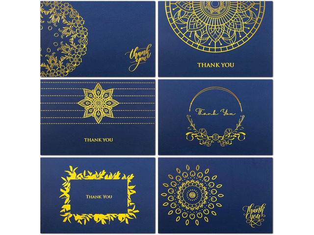 36 Navy Blue Gold Foil Thank You Cards w/ Envelopes & Stickers - Blank