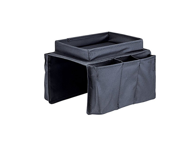 Black Nylon Polyester Armrest Chair Organizer with 5 Pockets and a Table Top