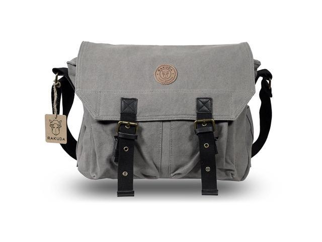 Rakuda Large Correspondent Cavas Shoulder Messenger Bag, Washed Leather 13x11x5 - Grey