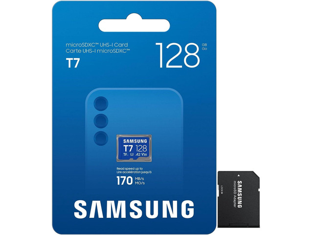 Samsung microSDXC T7 128GB, Up to 170 MB/s, UHS-I U3 4K A2 V30 microSD for Casual Gamers, Amateur Creators, & Everyday Users MB-MB128T with Adapter