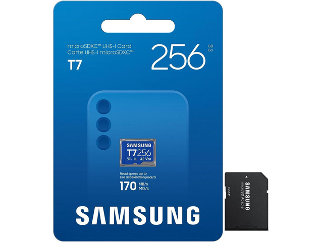 Samsung microSDXC T7 256GB, Up to 170 MB/s, UHS-I U3 4K A2 V30 microSD for Casual Gamers, Amateur Creators, & Everyday Users MB-MB256T with Adapter