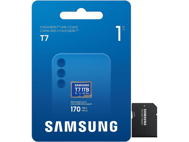 Samsung microSDXC T7 1TB, Up to 170 MB/s, UHS-I U3 4K A2 V30 microSD for Casual Gamers, Amateur Creators, & Everyday Users MB-MB1T0T with Adapter