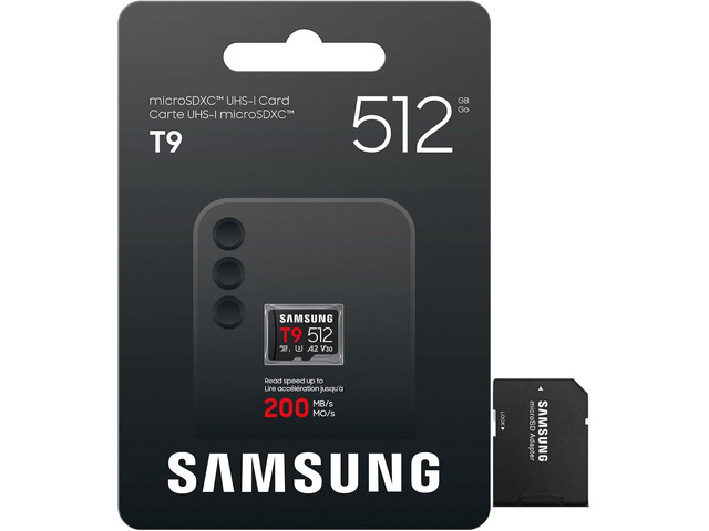 Samsung microSDXC T9 512GB, Up to 200 MB/s, UHS-I U3 4K A2 V30 microSD for Avid Gamers & Professional Creators MB-MH512T with Adapter