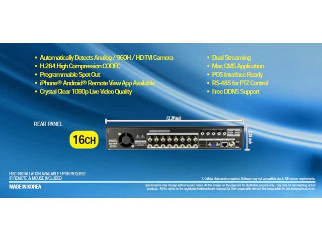 3R Global HD-TVI 16CH Hybrid DVR System HD 1080P Auto Detects Supports POS ( NO HDD )