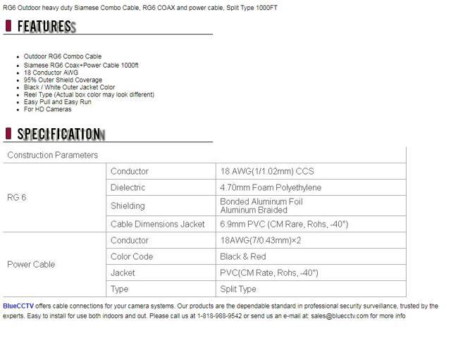 CCTV RG6 Outdoor heavy duty Siamese Combo Cable RG6 COAX and power cable Split Type 1000FT - image 2