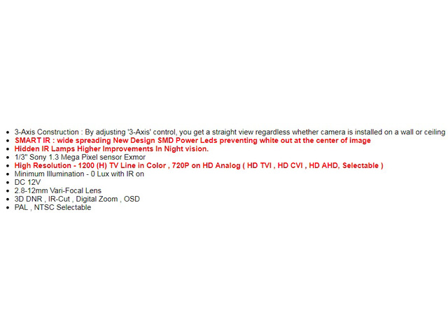 CCTV Security Camera 1200TVL 720P Eyeball Sony 1.3 Mega Pixel 2.8-12mm WDR OSD 3D DNR New SMD Leds (White Color)