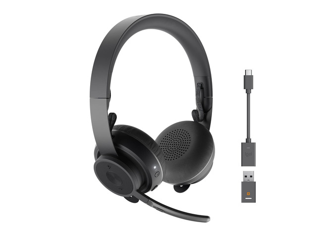 Zone Wireless Bluetooth Headset - Graphite Active noise cancellation, Qi charging, leatherette ear pads, USB-A receiver included with USB-C adapter