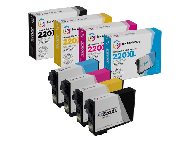 LD Remanufactured Epson 220XL Set of 4 HY Ink Cartridges Includes: 1 T220XL120 Black, 1 T220XL220 Cyan, 1 T220XL320 Magenta, and 1 T220XL420 Yellow