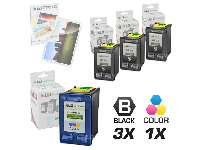 LD Remanufactured Ink Cartridge Replacements for HP C9351AN (HP 21) Black and HP C9352AN (HP 22) Color (3 Black and 1 Color) + Free 20 Pack of...