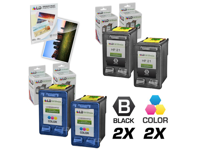 LD Remanufactured Ink Cartridge Replacements for HP C9351AN (HP 21) Black and HP C9352AN (HP 22) Color (2 Black and 2 Color) + Free 20 Pack of...