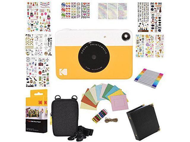 kodak printomatic instant camera gift bundle + zink paper 20 sheets + 9 unique colorful sticker sets + case + markers + hanging frames + photo...